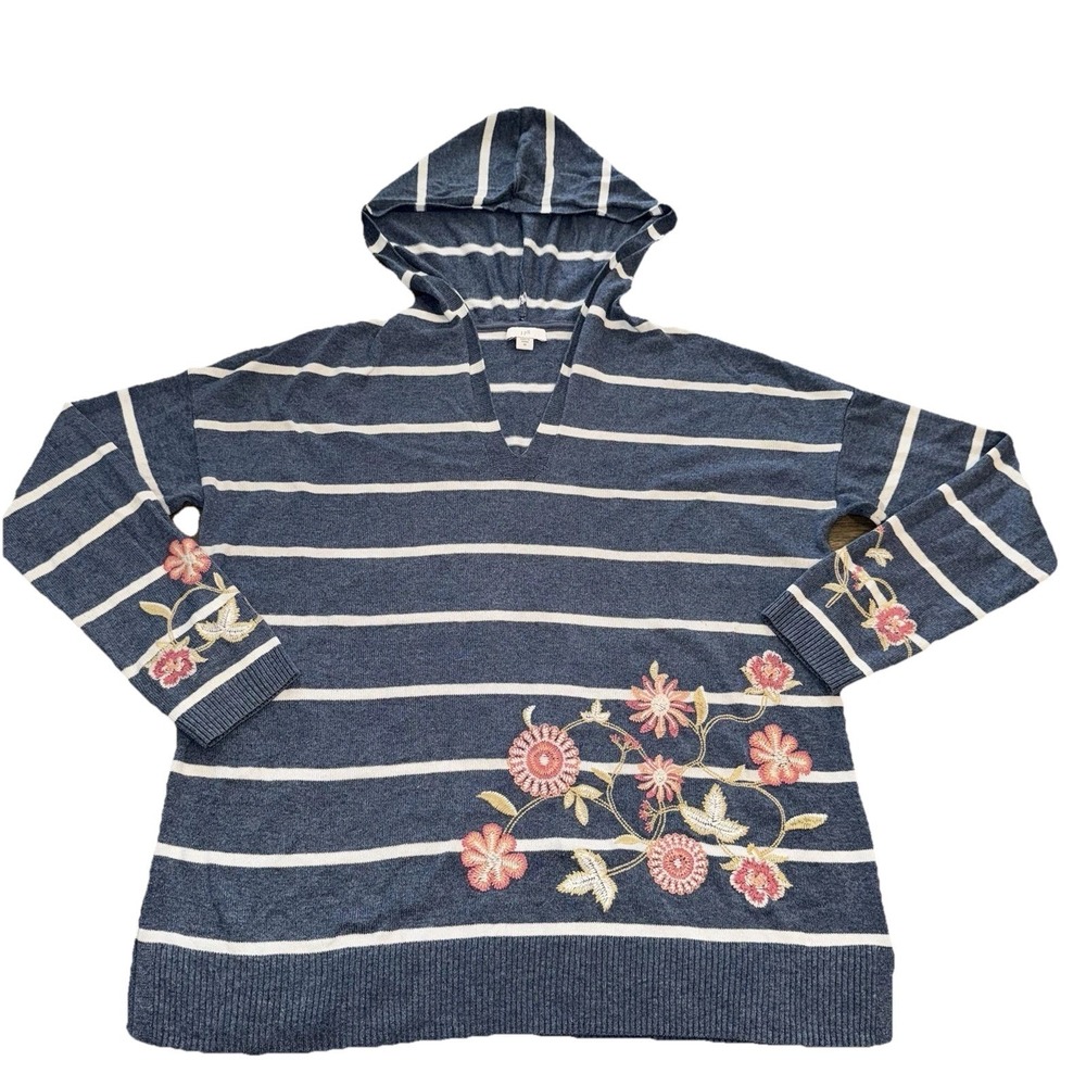 J Jill Hooded Jacket Women XS(fits M) Blue Striped Embroidered Coastal‎ Grandma